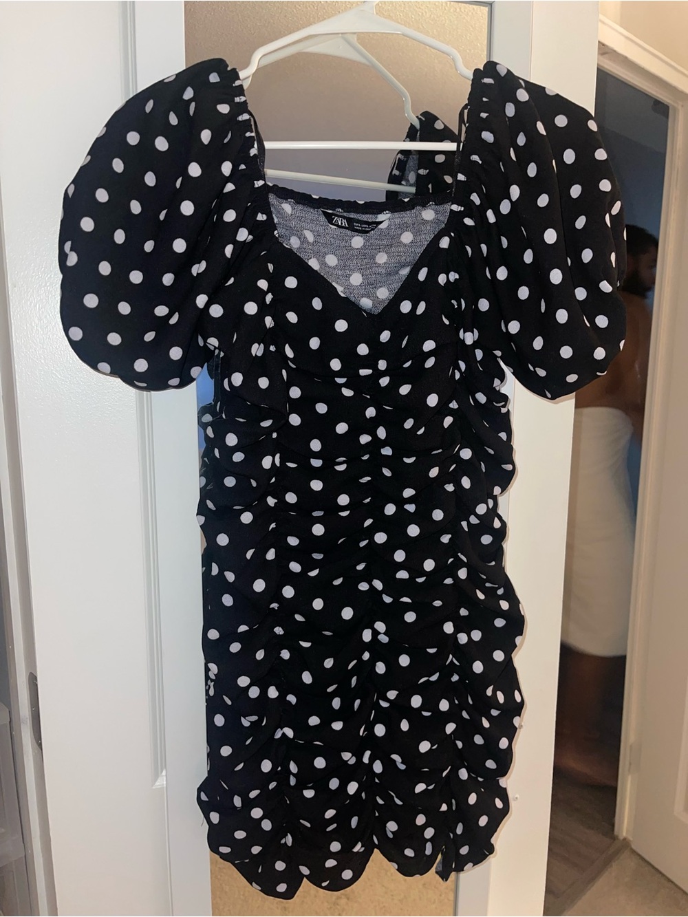 Zara Black Polka Dot Puff-Sleeve Ruched Dress